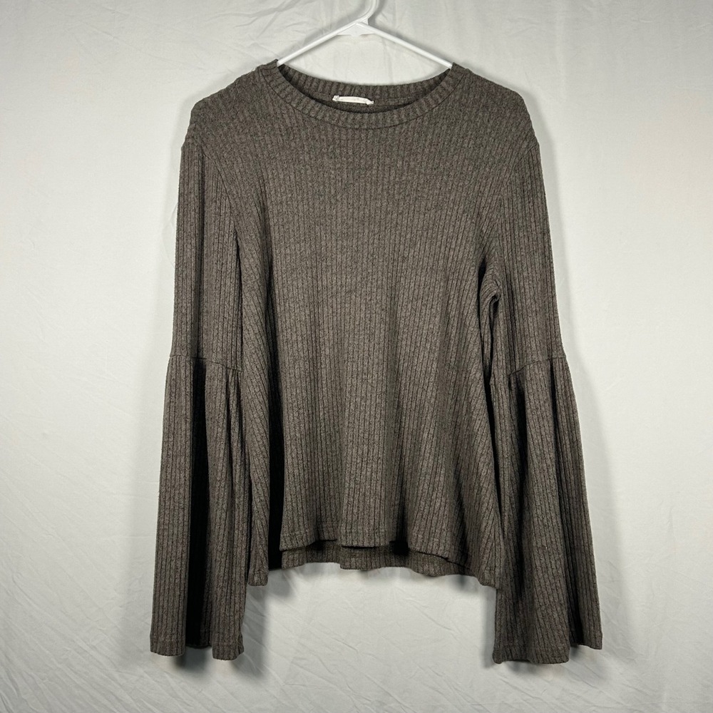 Lush Ribbed Knit Top Women M Brown Bell Sleeve Crew Neck Casual Boho Soft